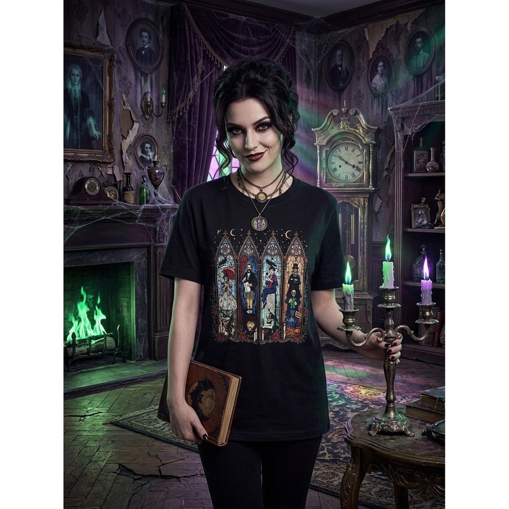 Haunted Mansion Stained Glass Stretching Portrait Graphic T-Shirt Black Medium